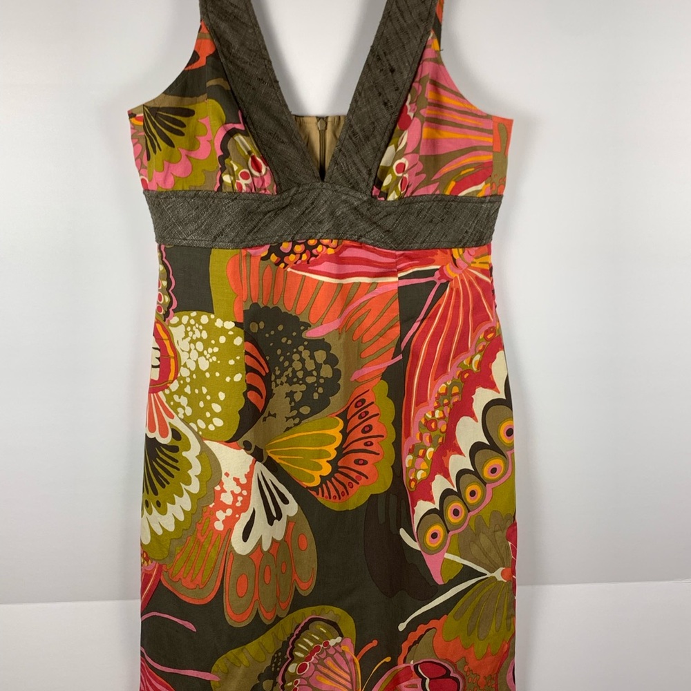 Trina Turk Silk Linen Blend Dress Womens 10 Tropical Floral Sleeveless V Neck - Picture 10 of 16